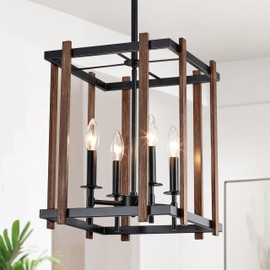 NZZDYI 4 Light Farmhouse Chandelier 13" Vintage Rustic Faux Wood Chandelier Adjustable Modern Cage Pendant Light Fixture for Dining Room Kitchen Island Foyer Entryway Bedroom