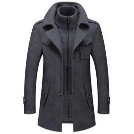 chouyatou Men's Gentle Layered Collar Single Breasted Quilted Lined Wool Blend Pea Coats (Large, B-Grey)