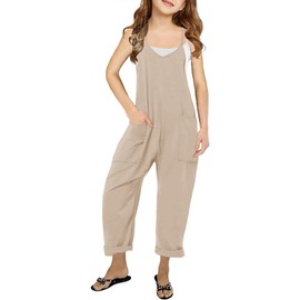 LNKQA Girl's Casual Sleeveless Jumpsuits Spaghetti Straps Harem Long Overalls With Pockets (Khaki,13-14 Years)