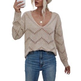 EVALESS Women's Crochet Sweater V Neck Long Sleeve Hollow Out Pullover Tunic Tops Fall Winter Outfits Fashion 2025, Khaki X-Large Size