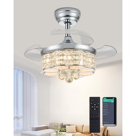 Fejanical 30" Crystal Chandelier Ceiling Fan, Dimmable Retractable Ceiling Fan with Lights, Crystal Fandeliers with Lights and Remote for Bedroom Living Room, Chrome
