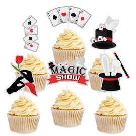 Magic Show Cupcake Toppers - 18pcs Poker Themed Las Vegas Casino Themed Cupcake Picks - Magical Birthday Baby Shower Party Decorations