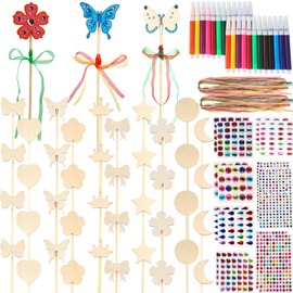Kugliwa 118 Pcs Princess Fairy Wands Kit Include 40 Unfinished Wood Stars Wands 40 Ribbons 14 Gem Stickers 24 Markers for DIY Crafts Birthday Party Favor Magic Shows,10 Styles