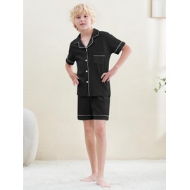 Umeyda Boys Cotton Pajamas Set Kids Short Sleeve Sleepwear 2 Pcs Pj Button-Up Classic & Comfy Jammies, Black,for Ages 11-12 Years = Tag 160
