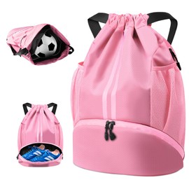 BROTOU Unisex Drawstring Backpack, Waterproof Gym Bag, Large Oxford PE Pack, Students School Backpack, Durable Sports Ball Bag, with Shoe Bag (A, Pink)
