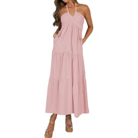 AmySister Women's Casual Summer Halter Tiered Maternity Maxi Dress with Pockets Blush XS