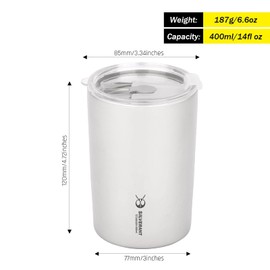 SILVERANT Titanium Ultralight 400ml/14 fl oz Double Wall Coffee Cup with Titanium Straw & Drawstring Case