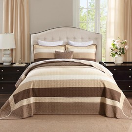 SahSahCasa 128"x120" 100% Cotton Oversized California King XL Bedspread Coverlet Quilt Set, Cal King Quilted Striped Bedspread Extra Large Quilt, Bed Spread Lightweight Comforter, Brown/Beige