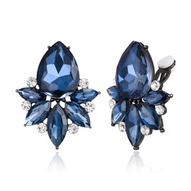 EVER FAITH Vintage Rhinestone Clip On Stud Earrings for Women, Fancy Crystal Cluster Teardrop Art Deco Non Pierced Earring for Wedding Bridal Brides Navy Blue Black-Tone