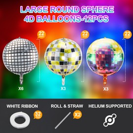 AGPTEK 12 Pcs Disco Ball Balloons for Party Decorations, Multicolor & Silvery Disco Balls, 22 Inch Aluminum Foil Balloons for Birthday, Bachelorette Party, 70s 80s 90s Theme