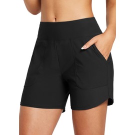 BALEAF Swim Shorts Women with Liner 5 inch Swimming Bottoms High Waisted Tummy Control Swimsuits Board Beach Shorts Go Great with a Rashguard Black L