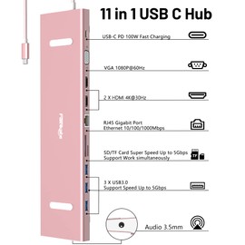 USB C Docking Station Dual Monitor/Triple Monitors, USB C Dock, USB-C Hub with 2 HDMI, PD 100W, SD/TF, Ethernet, 3 USB 3.0 Ports, VAG, Audio,USB C Hub Multiport Adapter for Dell/HP/Lenovo/,etc
