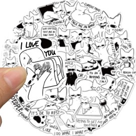 50-Pack Funny Black White Cat Meme Stickers, Cute Cartoon Kitten with Quotes - Waterproof Vinyl Decals for Laptops, Water Bottles, Journals, Scrapbooks, Kindle Case