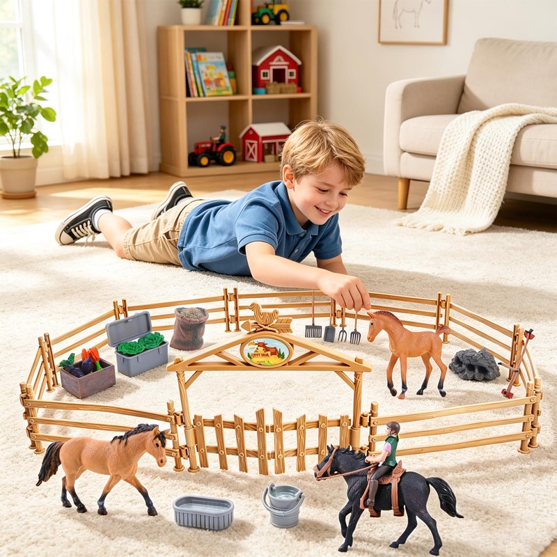 kukifun Horse Stable Playset 40PCS, Farm Barn Toy with Rider