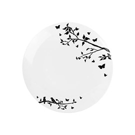 EcoQuality 7.5" inch Round White Plastic Plates with Black Floral Design - Spring Flower Heavy Duty Large Disposable Charger Dinner Plate Weddings, Tableware, China Like Party Plates (50 PACK)