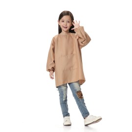 TopTie Cotton Kids Smock Apron for Hair Grooming Painting Cooking with Front Pocket & Long Sleeve, for Age 1-12 years-Khaki-S