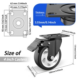 4 Inch Heavy Duty Caster Wheels 2200Lbs, Swivel Casters Set of 4 with Safety Locking, Industrial Plate Caster Wheels for Furniture, Cart, Workbench(Free Screws and Spanner)