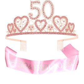 50th Birthday Sash and Tiara for Women - Fabulous Glitter Sash + Hearts Rhinestone Pink Premium Metal Tiara for Her, 50th Birthday Gifts for 50 Party