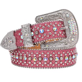 SUOSDEY Men Women Rhinestone Belt Western Cowboy Cowgirl Shine Crystal Diamond Studded Luxury Strap Belts,Pink