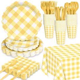 176 PCS Yellow Gingham Plates and Napkins, Yellow Checkered Disposable Plates Set with Napkins Cups Plastic Spoons Forks Knives for Dinner Birthday Baby Shower Wedding Supplies