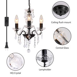Chanlited Plug in Modern 3-Light Black Chandelier with Glass Crystals, Candle Style Pendant Light Fixtures for Living Room, Girls Room, Kitchen Island, Entryway