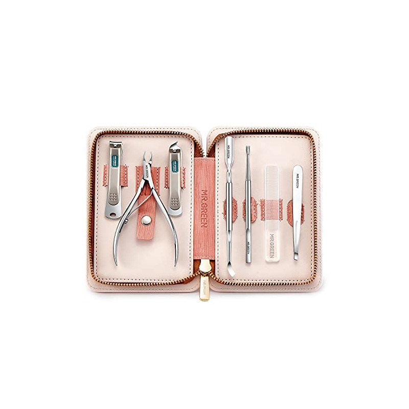 7-in-1 Manicure Set with Stylish Pink Striped Case