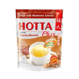 HOTTA Plus Instant Ginger Drink With Mushroom Extracts Soothes Sore Throat Caffeine Free Hot or Cold Tea High Vitamin C & E Real Asian Ginger, 10 Sachets