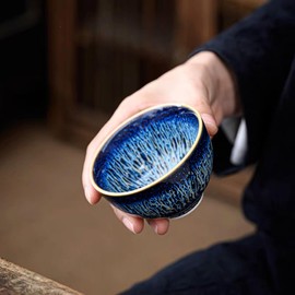 CmengAo Tenmokus Tea Cup, Blue Starry Sky Glaze Jianzhan Ceramic Tea Cup, Unique Chinese Small Kungfu Teacup for Tea, Coffee, Matcha or Everyday Use, Traditional Asian Porcelain Tea Bowl (Hat)