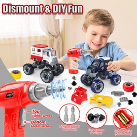 LUDILO Kids Boys Toys Age 4-6 5-7 6-8: 4 PCS DIY Assembly Building City Bus Ambulance Police Car Toy Fire Truck with Electric Drill, Stem Learning Toys Gifts for 3 4 5 6 7 8 Year Old Boys Girls Kids