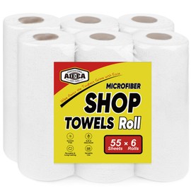 AIDEA Microfiber Cleaning Cloth, Shop Towels 55 Sheets(6 Roll) White Shop Rags, Microfiber Towels for Cars, Cleaning Rags Reusable Paper Towels for Automotive, Mechanic, Workshops, House-11×9"