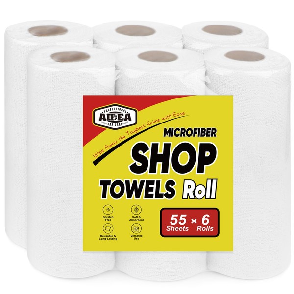 AIDEA Microfiber Cleaning Cloth, Shop Towels 55 Sheets(6 Roll) White