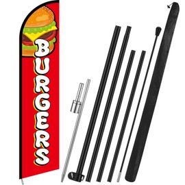 Fanfanwin Burgers Feather Flag with Pole Kit 15 ft Banner Sign for Business Advertising Feather Flag Sign with Flagpole for Outside Garden Business Store Party