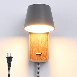Modern Wall Lamp with Plug in Cord, Dark Grey Stylish Wooden Design Mounted Sconces for Bedroom Small Wall Lights for Bedside Reading Fixtures Lighting for Living Room, Kids Room-Included 2700k LED