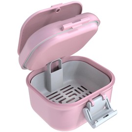 ARGOMAX Leak-proof Prosthesis Box, Portable Soaking Denture Box, Upgraded Version with Storage Compartment, Dentures Bath Case with Strainer, for Dentures and Braces (Pink + White)