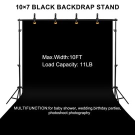 10x7ft Adjustable Photography Backdrop Stand Kit – Photo Studio Background Support with 4 Crossbars, 4 Clamps, 2 Sandbags (with 10 * 7 Feet Black Backdrop Curtain)
