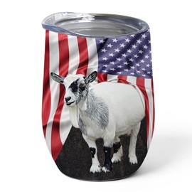 Patriotic White And Gray Pygmy Goat Tumbler 12oz - Stainless Steel Vacuum Insulated Wine Cup with Lid - American Flag & Pet Novelty Gifts for Goat Lovers