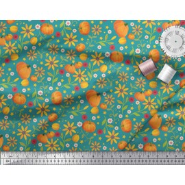 Soimoi Green Cotton Cambric Fabric Leaves,Floral & Pumpkin Vegetable Printed Craft Fabric BTY 42 Inch Wide