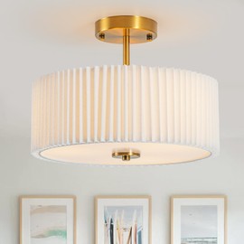 Bargeni Semi Flush Mount Ceiling Light Fixture,12.5 inch Drum Flush Mount Ceiling Light,Gold Light Fixtures Ceiling Mount,Cream White with Pleated Fabric Shade,Modern Ceiling Light for Bedroom,Hallway