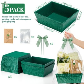 Wonderjune 5 Set Leather Empty Gift Basket with Gift Bags Bow Ribbons Greeting Cards 9.8x8.3x3.5'' Empty Basket for Wedding Gifts Career Advancement Birthday Snack Storage Favor(Green)