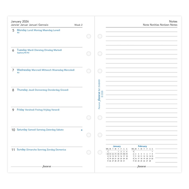 Filofax Personal week per page with notes 5 language 2026