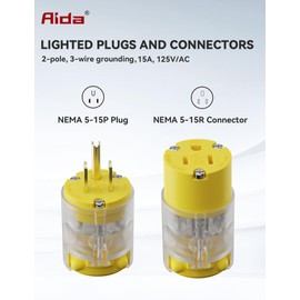 AIDA Lighted Plug and Connector Set, Straight Blade Cord End Replacement, 15 Amp 125Volt, NEMA 5-15P & NEMA 5-15R, 2 Pole 3Wire Grounding, Yellow, 1 Set
