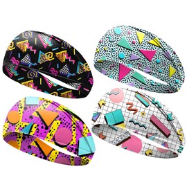 4 Stück Set 80er Jahre 90er Jahre Neon Haarband Set Männer und Frauen Accessoires, Vintage Mode Sporthaarband 90er Jahre Sport elastische Haarband Hip Hop Party Stil Wandern Raden Laufen ﻿