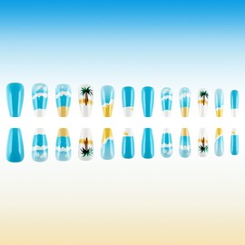 Summer Blue White Press on Nails Coffin Fake Nails Medium False Nails with Beach Coconut Tree Designs Acrylic Nails Gradient Glue on Nails Glossy Medium Artificial Nails Stick on Nails for Women