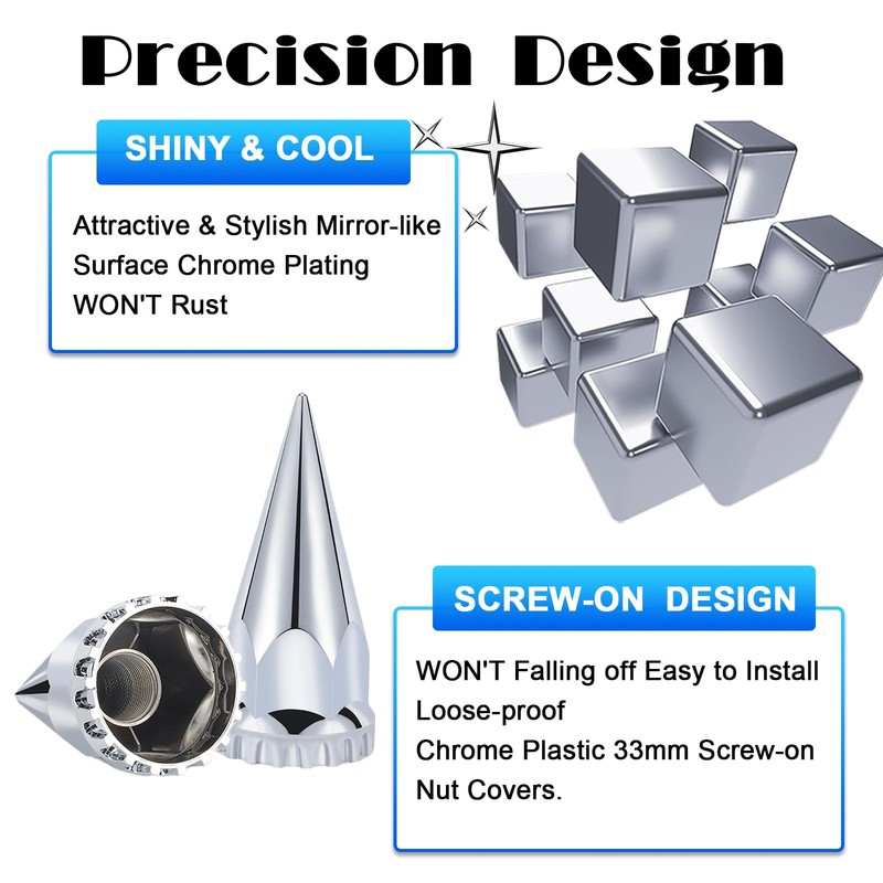 33mm x 4-3/4" Chromed Spike Lug Nuts Covers Thread-On, ABS