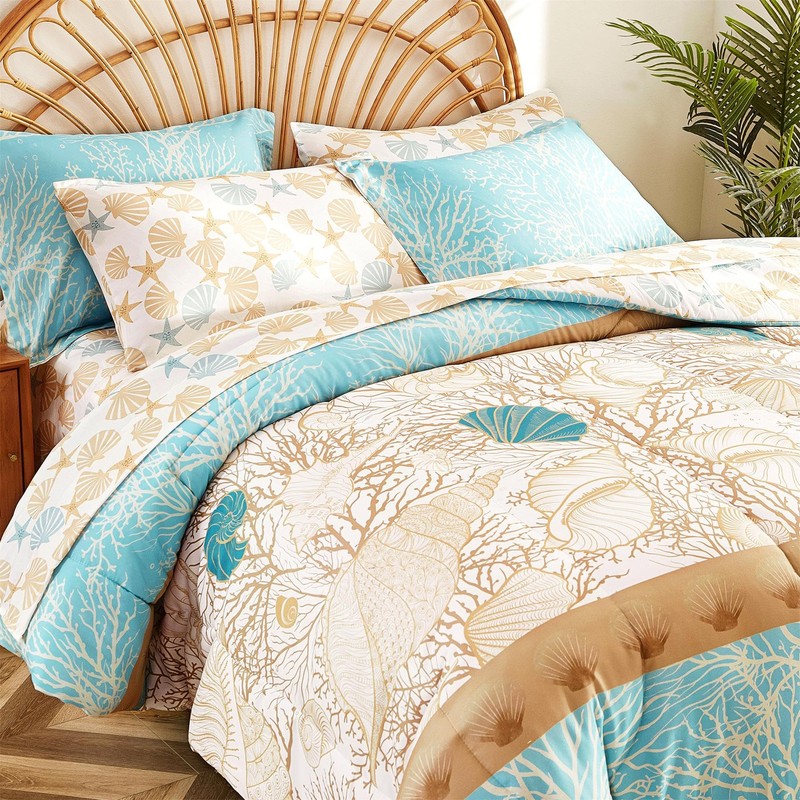 Cmfshape Blue Coastal Queen Size Comforter Set 7 Pieces,Starfish Printed