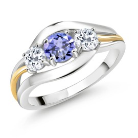 Gem Stone King 925 Sterling Silver and 10K Yellow Gold Round Blue Tanzanite and White Topaz 3 Stone Ring For Women (1.12 Cttw, Round 5MM and 4MM, Available In Size 5, 6, 7, 8, 9)