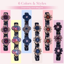 6P 2S Flower Hair Clip Kiiwah 6 Pieces Hummingbird Hair Clips with Crystal Flower, Double Layer Braided Hair Clip Glitter Rhinestones, Braided Hair Clips Hair Accessories Set for Women Girls