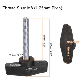 QUARKZMAN Pack of 2 Thumb Screws with T Wing Knobs, M8 x 50 mm, Plastic T-Head, Carbon Steel, 55 mm Threaded Bolts, Clamping Screw, Wing Screw, Grab Handles, Clamping Knob for Machine