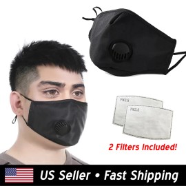 Reusable Face Mask Black Cotton - 2 PM2.5 Filters - Adjustable - USA Seller