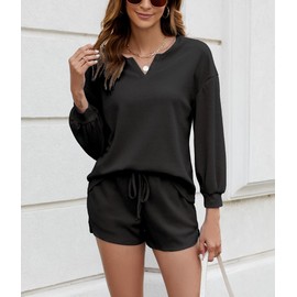 Lziizl Knitwear Sweaters Women Waffle Knit Pajamas Lounge Set 2 Piece Long Sleeve Top and Shorts Sweatsuit, Black, XX-Large